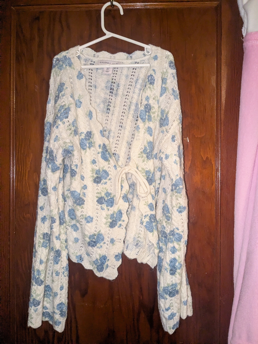 Sincerely Jules Cream Knit Wrap Cardigan with Blue Floral Print